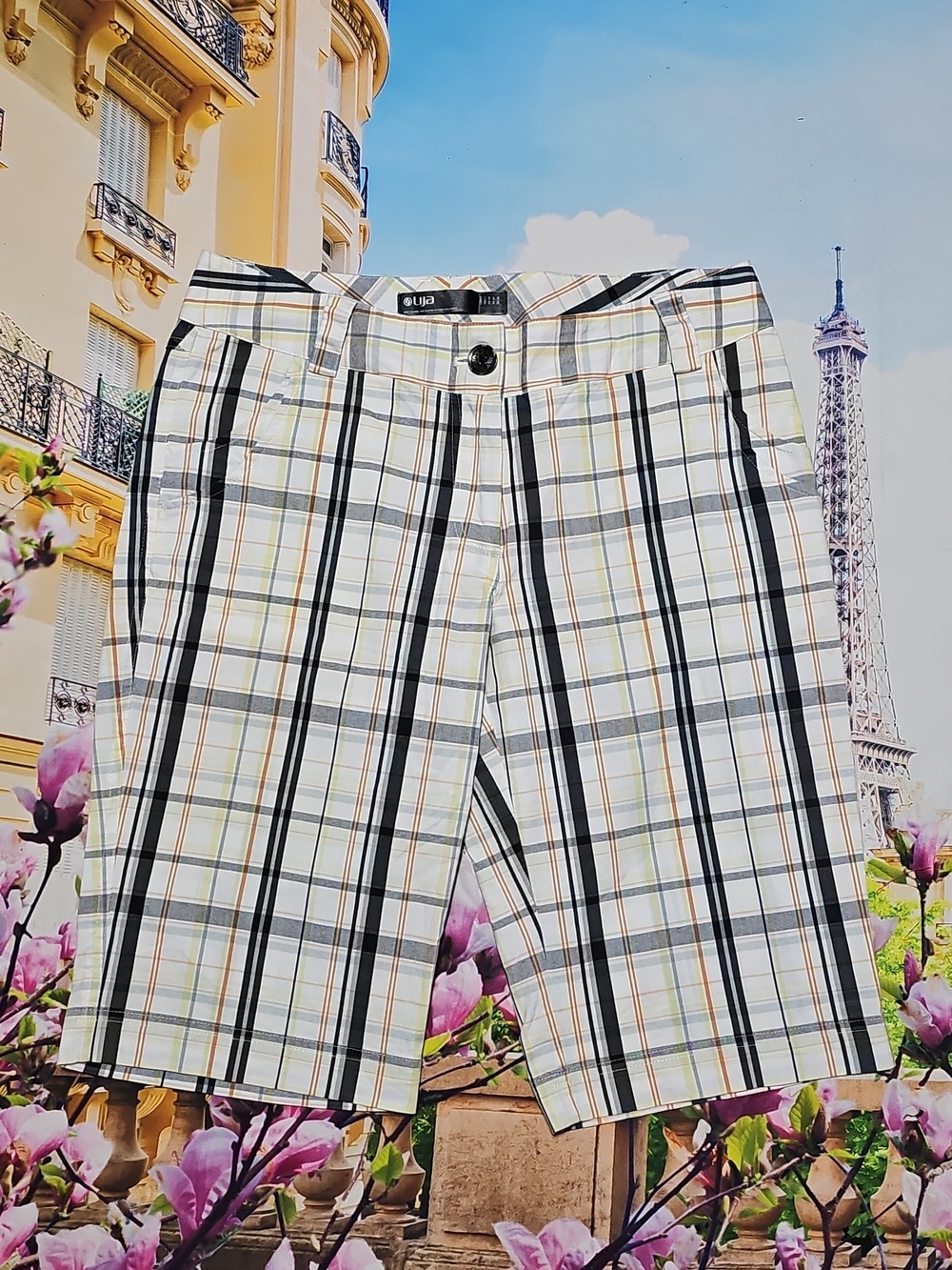 Lija Plaid High Waist Golf Shorts Cream Blue Orange Size 6